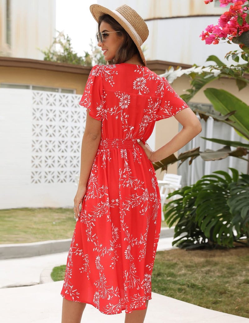 ROYLAMP Women's Floral Button Up Split Dress Deep V Short Bell Sleeve Casual Midi Dress with Pockets White Flowers Red M - Image 2